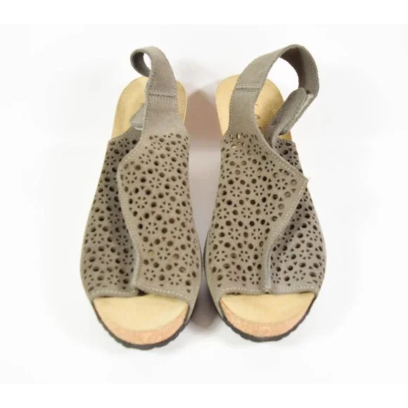 Bio Gold Taupe Suede Cut Out Cork Wedge Slingback Open Toe Sandals Sz 8 - Picture 2 of 6